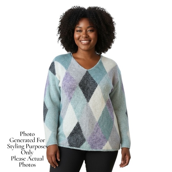 Vintage Mohair Blend Argyle Sweater 90s Pastel Knit Made In Hong Kong Cozy - Picture 1 of 12